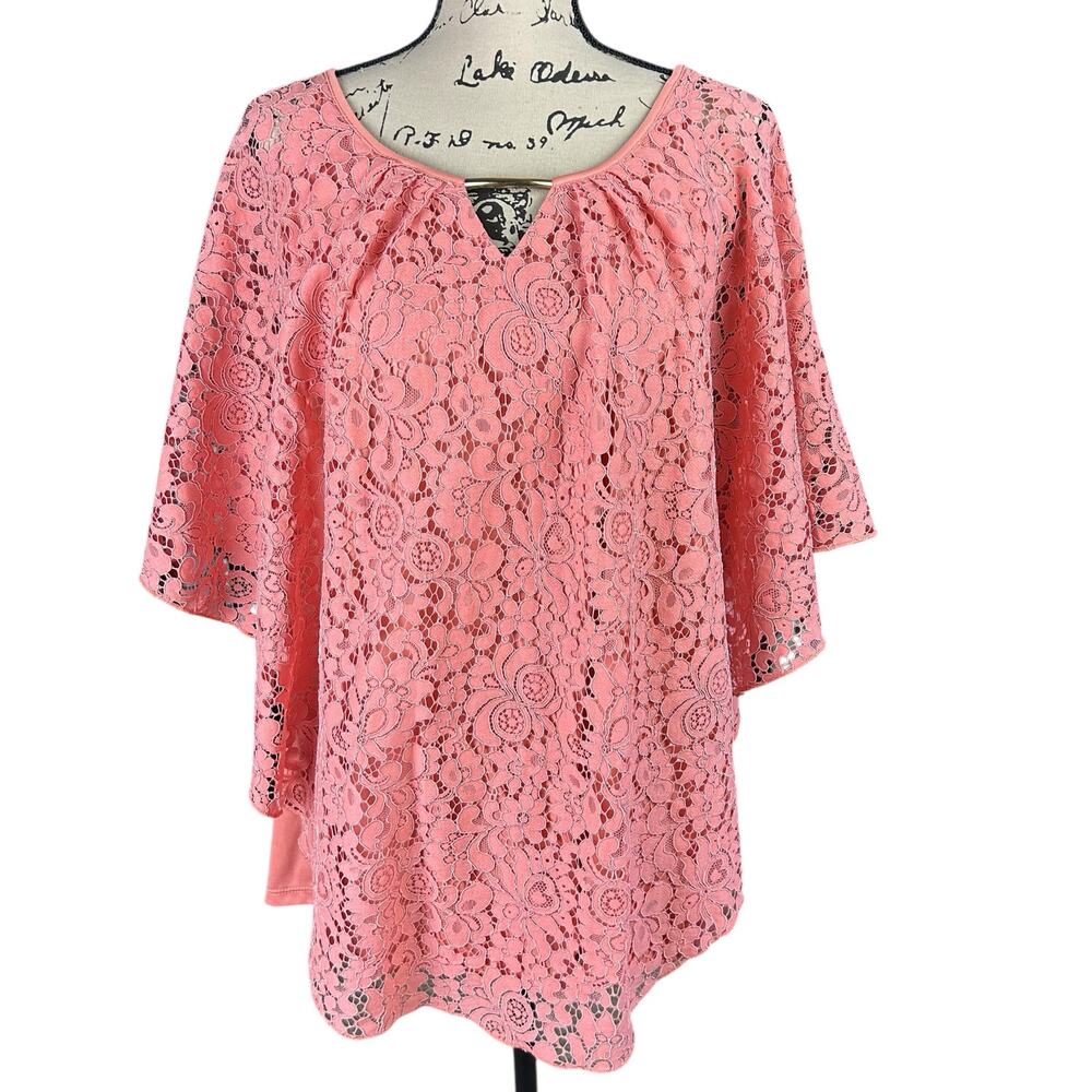 Simply Emma Lace Overlay Top Women Size 3X Salmon Pink Tank Lined Poncho Blouse